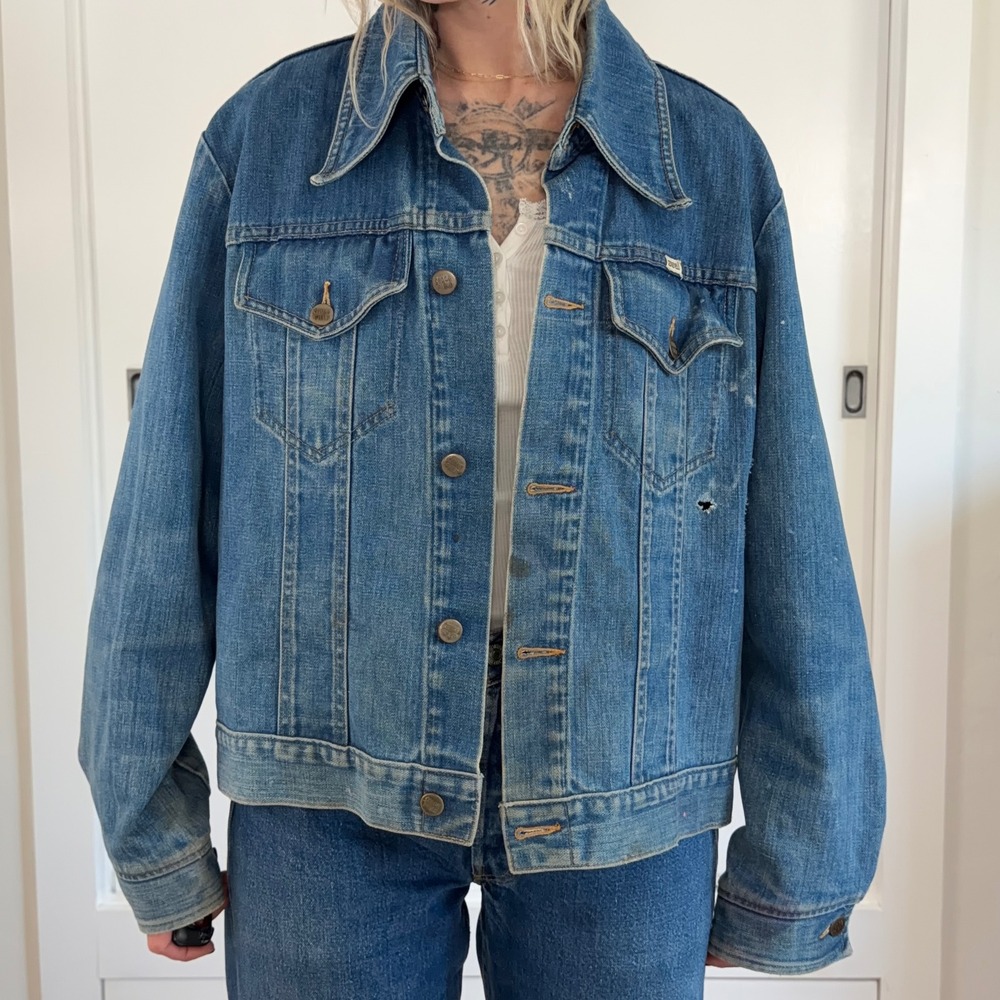 Vintage‎ 70s Sedgefield Do-Nothing Denim Jacket Large Distressed Patched Cotton